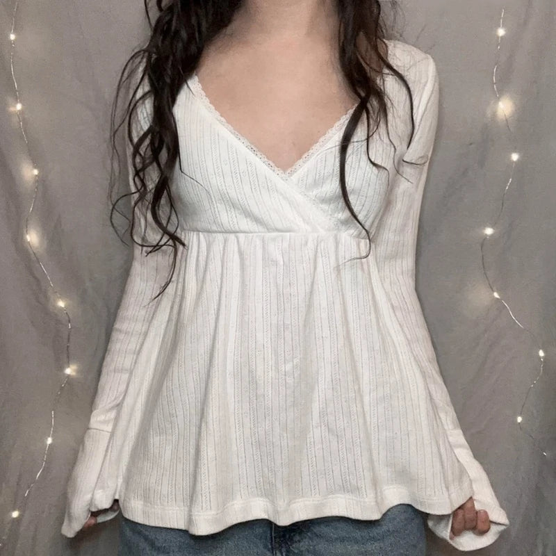 Women Fairy Y2k Cottage T-shirt Coquette V Neck Long Sleeve Babydoll Tees Autumn Spring Casual Pullovers Tops Vintage Clothes
