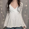 Women Fairy Y2k Cottage T-shirt Coquette V Neck Long Sleeve Babydoll Tees Autumn Spring Casual Pullovers Tops Vintage Clothes