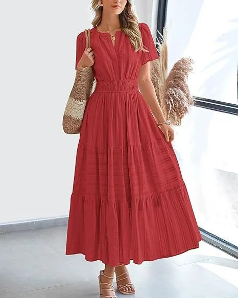 Summer Solid Color V-neck Tight Waist Dress French Style Elegant Pleated Large Swing Long Dress Casual Vacation Style Slimming M