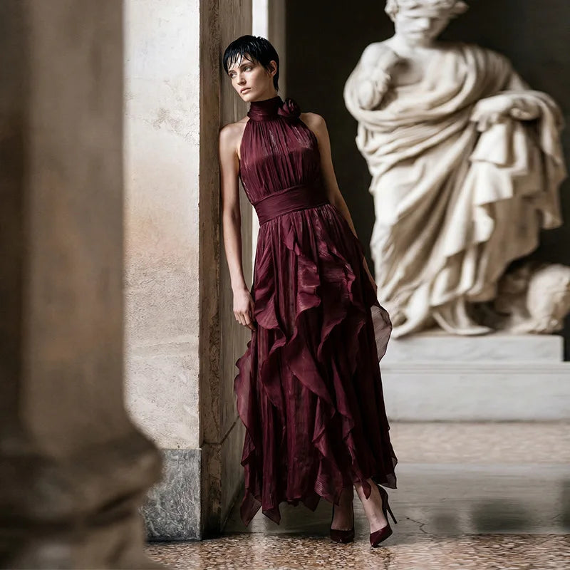 2026 Summer New Halter Dresses Sleeveless Waist-Cinching Layered Ruffle Hem Maxi Dress Celebrity Holiday Evening Party Club Wear