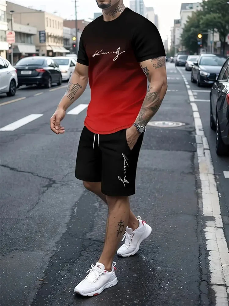 2025 new summer men's sportswear, men's loose fashion clothing, 3D printed T-shirt shorts, men's simple clothing fashion set, li