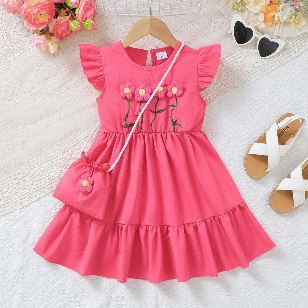 3PCS Fashion Girls 1-6 Years Old Summer Blue Sweet Sleeveless A-line Children's Dress 3D Wool Flower+Small Pocket Casual Dress