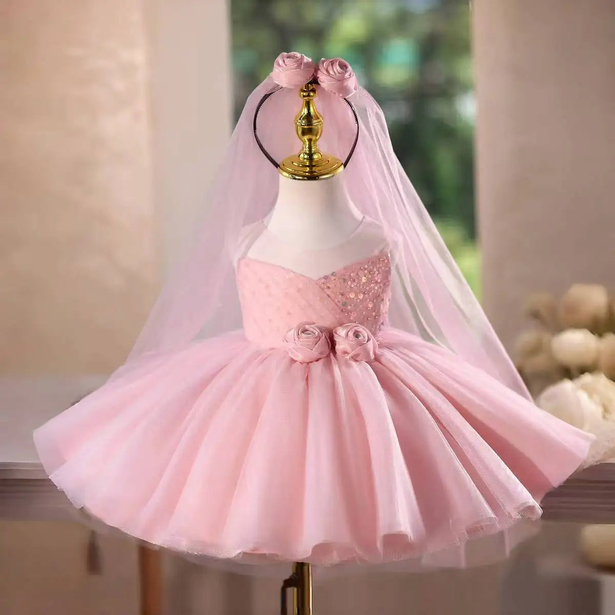 Dreamy Vow D153 Pink Flower Girl Dress Handmade Flowers with Headwear Kids Wedding Birthday Holiday Party Pageant Festival Gown