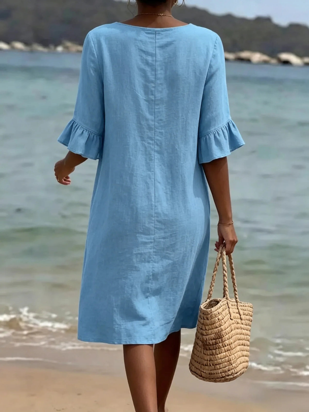 Simple Casual Women's Solid Color Midi Dress V Neck Button 3/4 Sleeve Loose 2026 New Summer Beach Vacation Dresses With Pockets