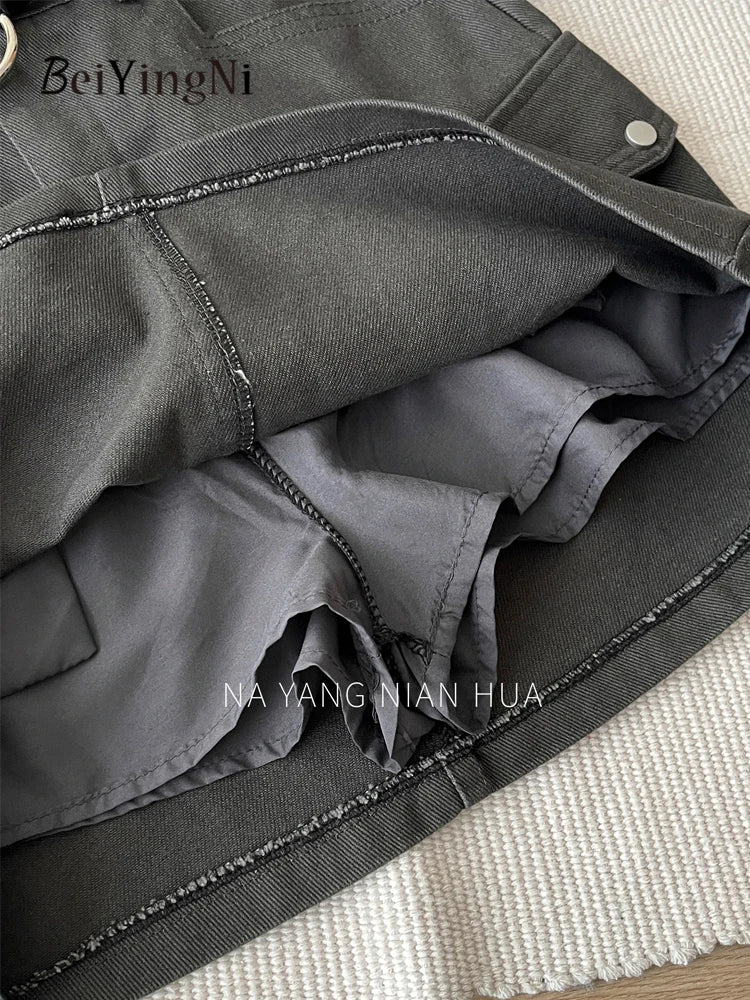 Beiyingni American Style Women's Short Denim Skirt Belt Vintage Fashion Summer High Waist A-line Skirts Female Streetwear Skirt