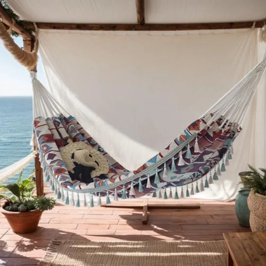 Double Boho Macrame Hammock with Tassels Portable 59''79'' Patio Hammock in Beige for Poolside Camping Porch Bedroom Balcony Ou