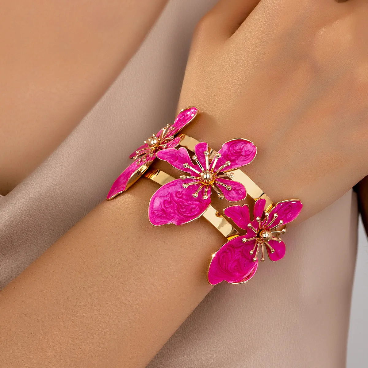 Enamel Flower Open Cuff Bracelet For Women Elegant Gold Plated Floral Beach Jewelry