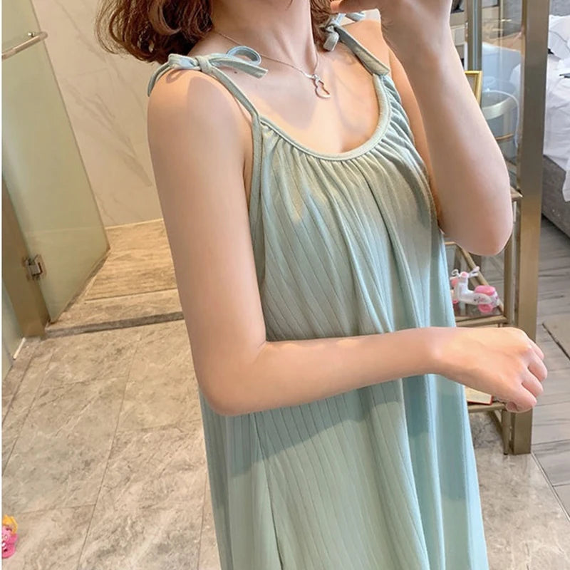 Korean Style Ladies Lovely Summer Sleeveless Strap Sleepwear Woman Night Dress Sleeping Nightgown Home Clothes