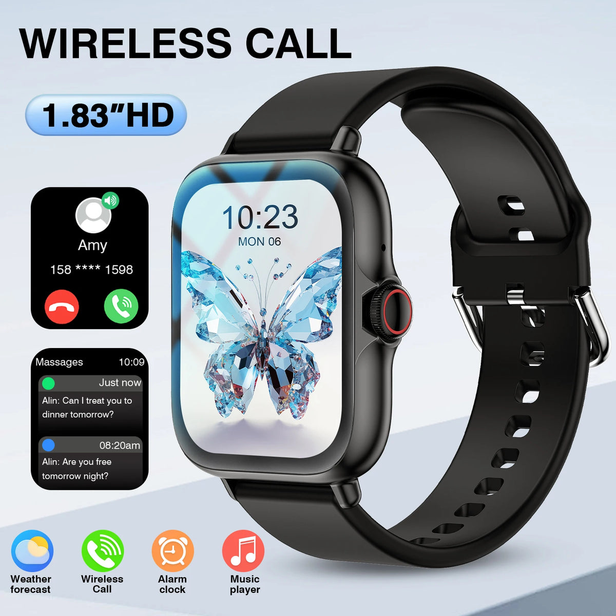 1.83" Touch Screen Smart Watch - Wireless Calling, Silicone Band