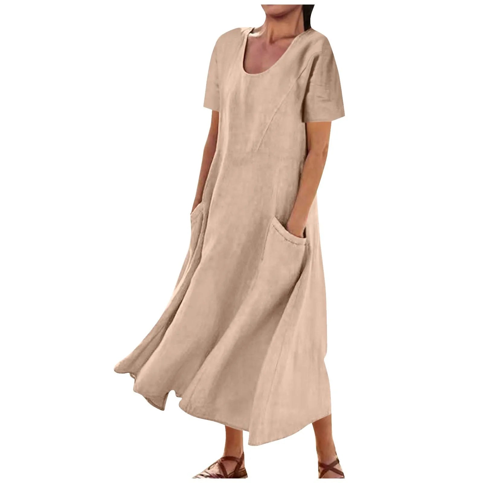Women Solid Cotton Linen Round Neck Short Sleeve Loose Flowy Maxi Dress EU US Gown