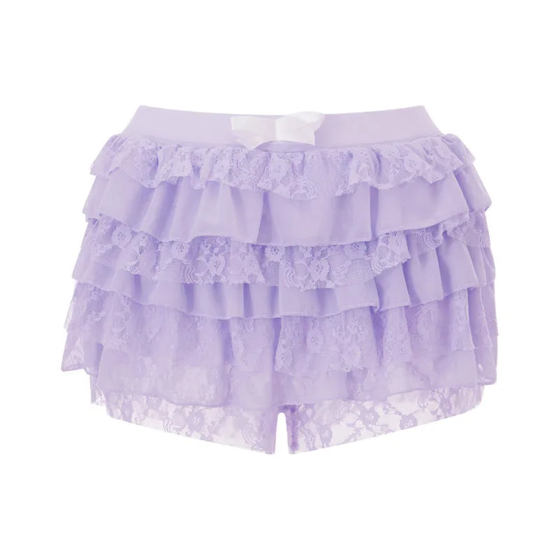 Women Mesh Lace Bloomer Shorts Y2k Layered Ruffle Frilly Booty Shorts Fairy Bowknot Sexy Boy Shorts Panties Party Clubwear