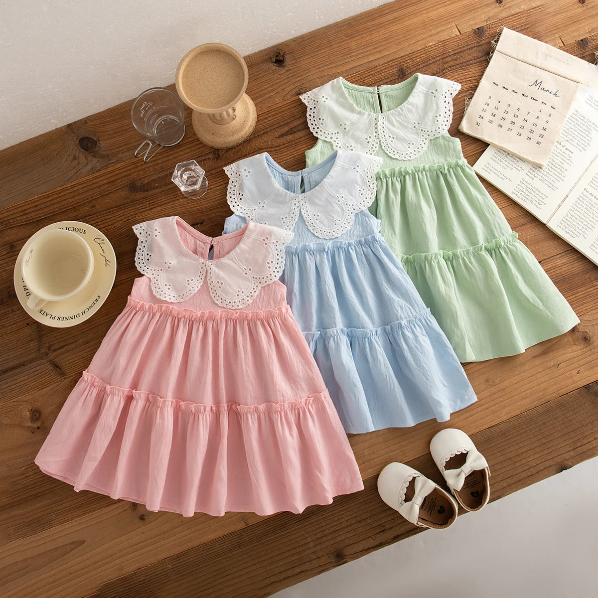 Baby Girl Dress Summer Cotton Solid Color Lace Edge Sleeveless Girls Dresses Simple Casual Beach Baby Girl Clothing