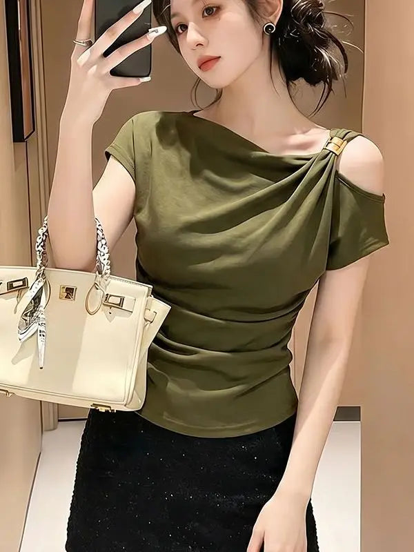Women's Korean Style Slim Fit T-Shirt Short Sleeve Pleated Top