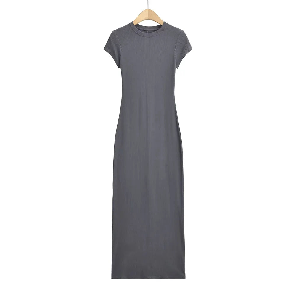 Short Sleeve Women Long Dresses Thin Style Crewneck Summer Solid Color Dress Commute Short Sleeve New Leisure Women Dress