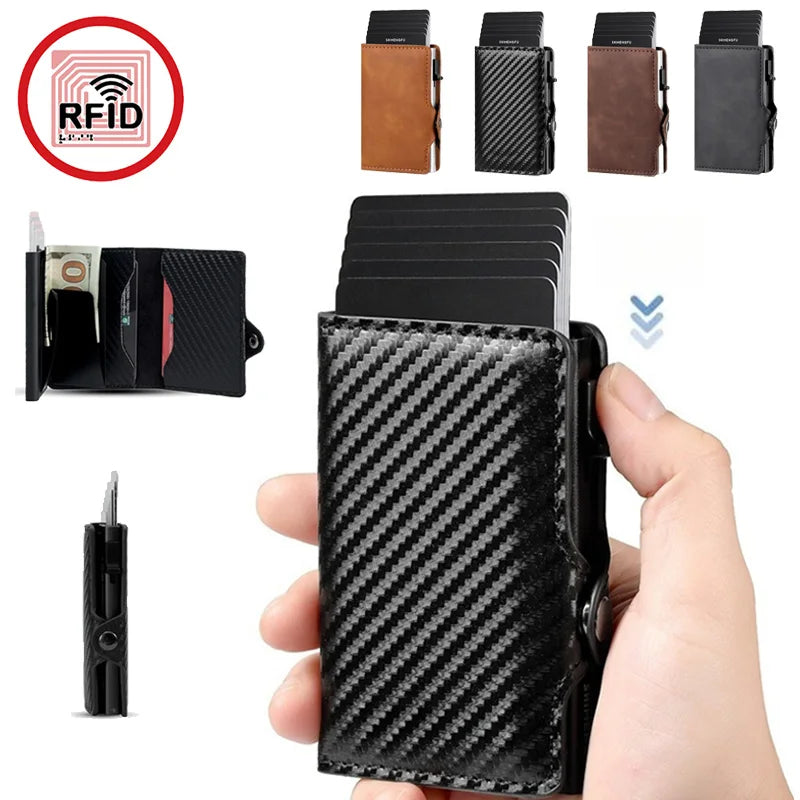 Carbon Fiber Credit Card Holder Men's RFID Blocking Smart Metal Thin Slim Pop Up Minimalist Wallet Small Purse Metal Coin Bag