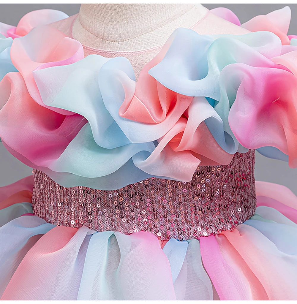 HETISO Rainbow Color Girl Princess Dress Sequined Belt Birthday Party Carnival Costume For Baby Kids 1-6 Years