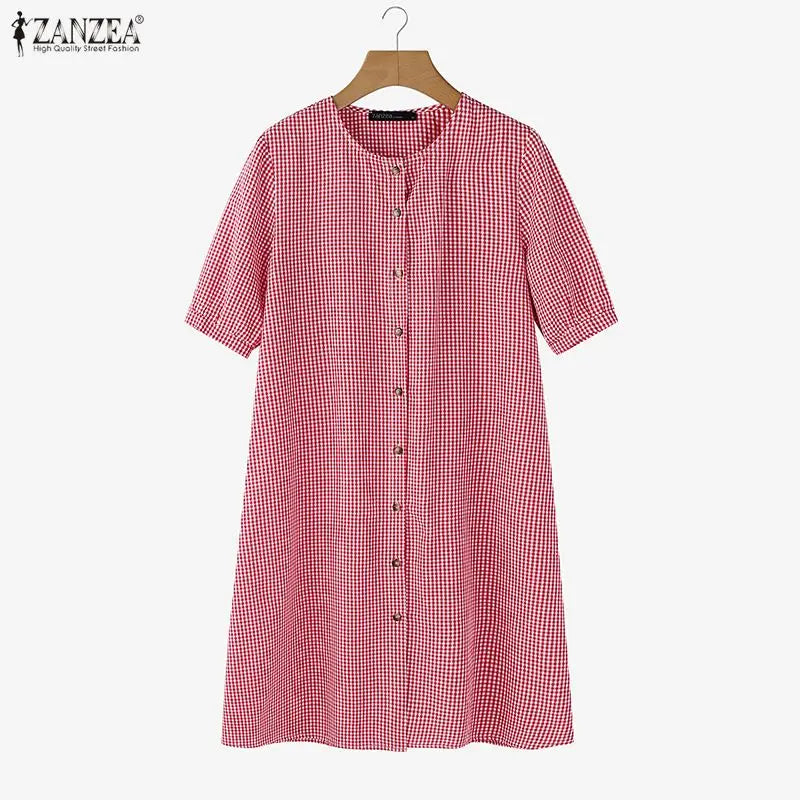 2026 ZANZEA Women Summer Sundress Elegant Short Sleeve Plaid Checked Dress Casual O Neck Work Dresses Baggy Holiday Vestido Robe