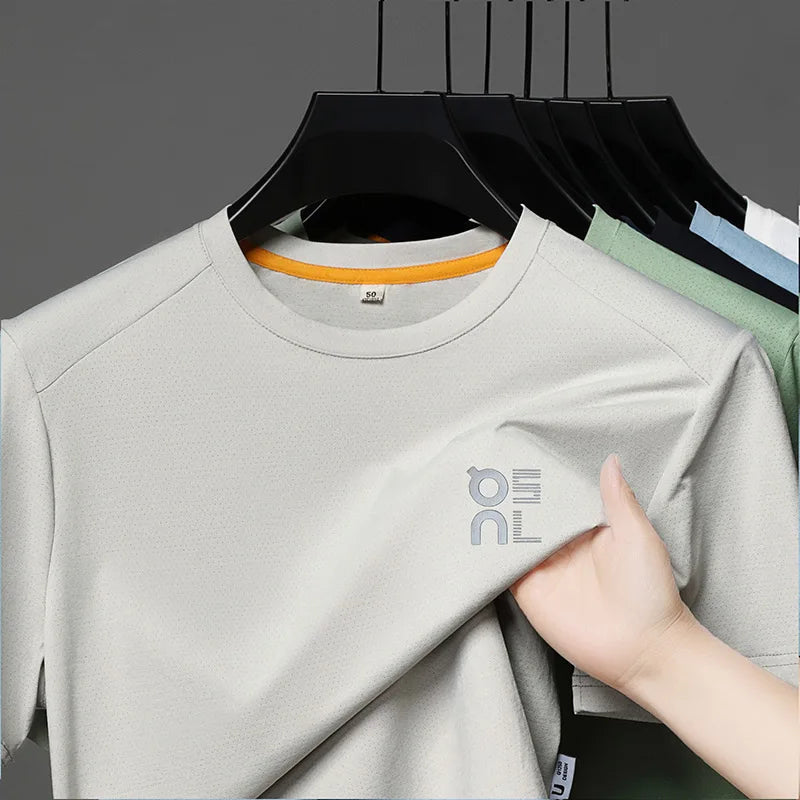 High end brand ice silk short sleeve summer breathable comfort quick drying men's T-shirt fashion printed casual round neck top
