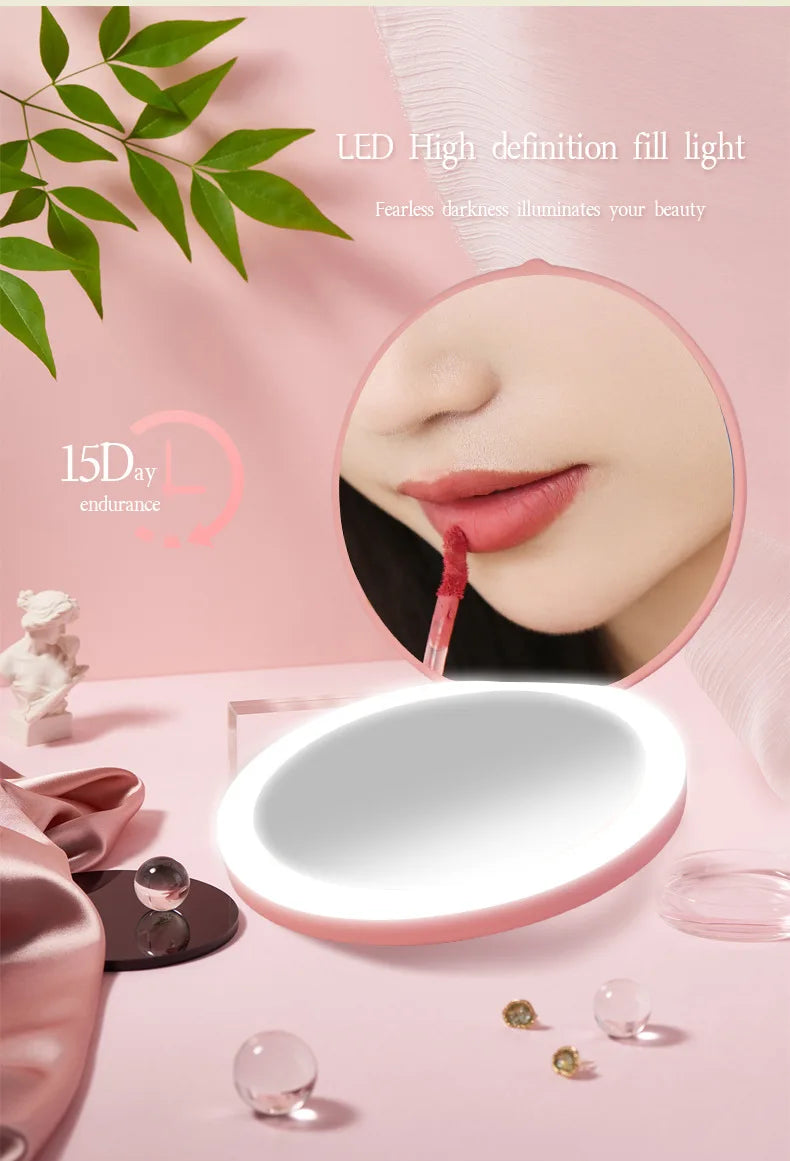 New Mini LED Luminous Makeup Mirror Round Portable Foldable Small Compact Mirror with Light USB Handheld Makeup Lighted Mirror