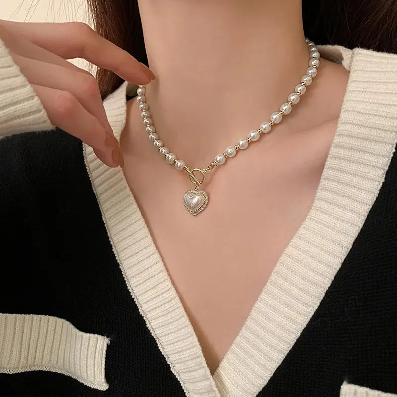 Pearl Necklace Heart Pendant For Women Luxury Imitation Pearls Chain Korean Jewelry Gift For Girls