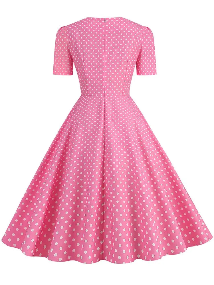 Pink Plaid Swing Party Dresses Women Elegant Vintage Square Collar Short Sleeve Casual Summer Dress