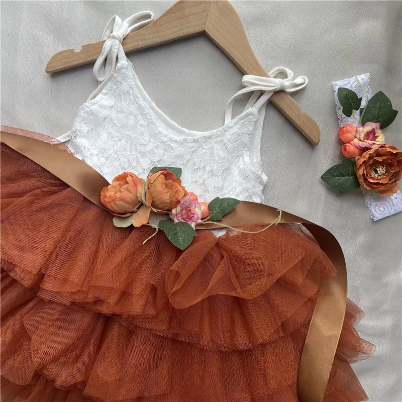 New Born Baby Girls Birthday Dress for Kids Flowers Girls Party Tutus Costume Belt Headband 3pcs Outfit Set Princess Vestidos