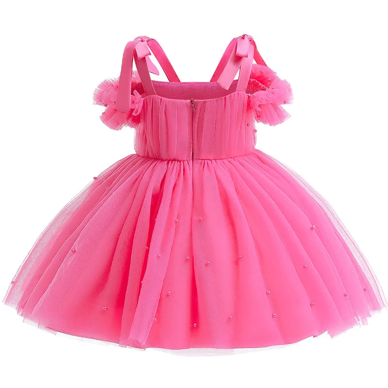 Flower Girls Elegant Cute Bow Pearls Tulle Princess Dress For Toddler Kids Formal Birthday Party Wedding Prom Pageant Puffy Gown