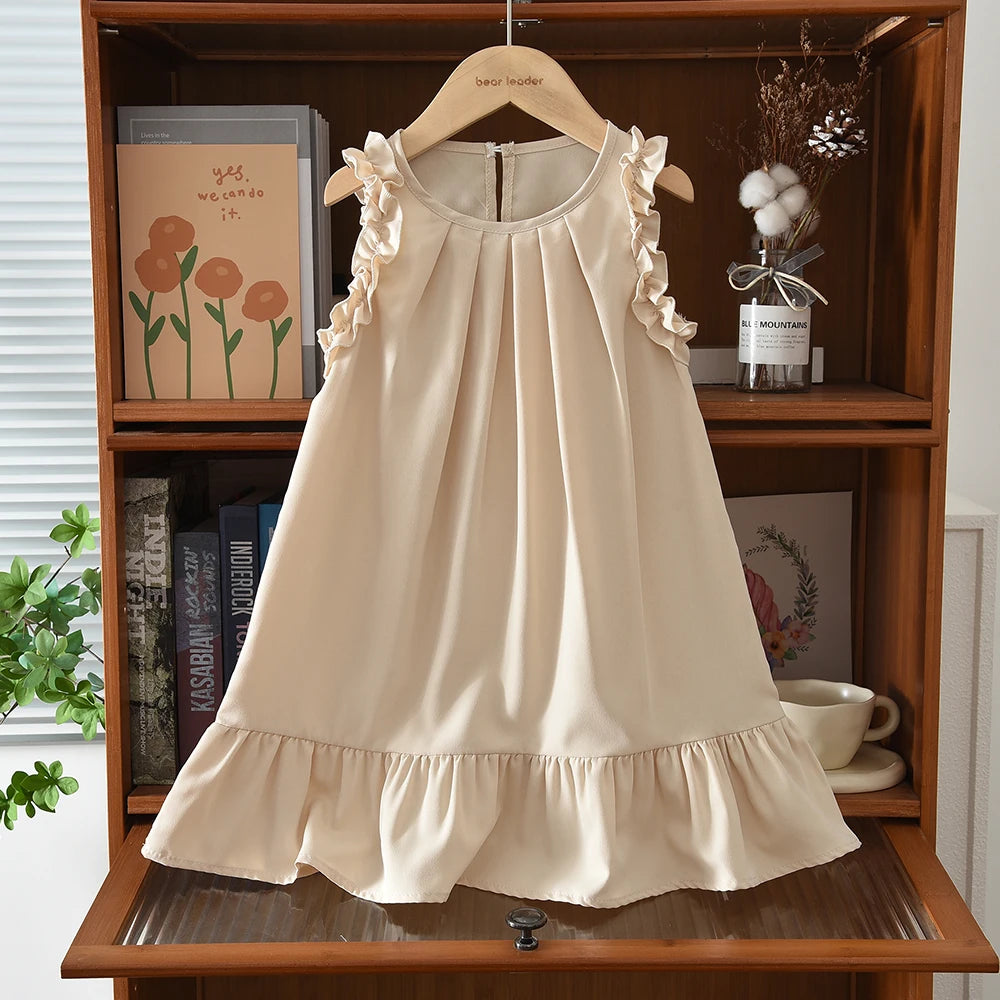 Vestido sin mangas plisado para niña Bera Leader, verano, color liso, cuello redondo, tejido cómodo y suave, ropa infantil