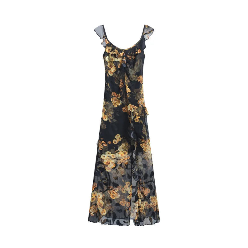 Summer 2026 Women's Long Sleeveless Dress Halter Neck Print Gauze Edge Split Fashionable Slim Fit Street Style High Waist