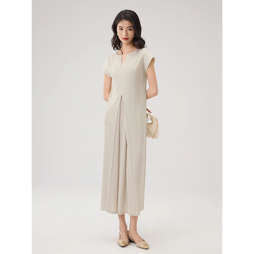 Miyake Fold 2024 Fall New Slimming V-neck French Dress For Women Advanced Short-sleeved Waist Elegant Commuter Dress