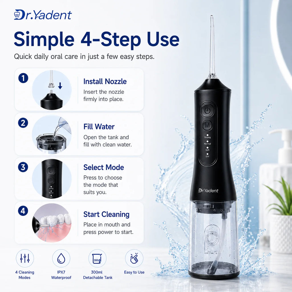 Dr.Yadent YD06 Irrigador Bucal Inalámbrico con Hilo Dental de Agua 300ML Chorro de Agua Portátil Carga Rápida USB-C 7 Boquillas 4 Modos IPX7 Impermeable