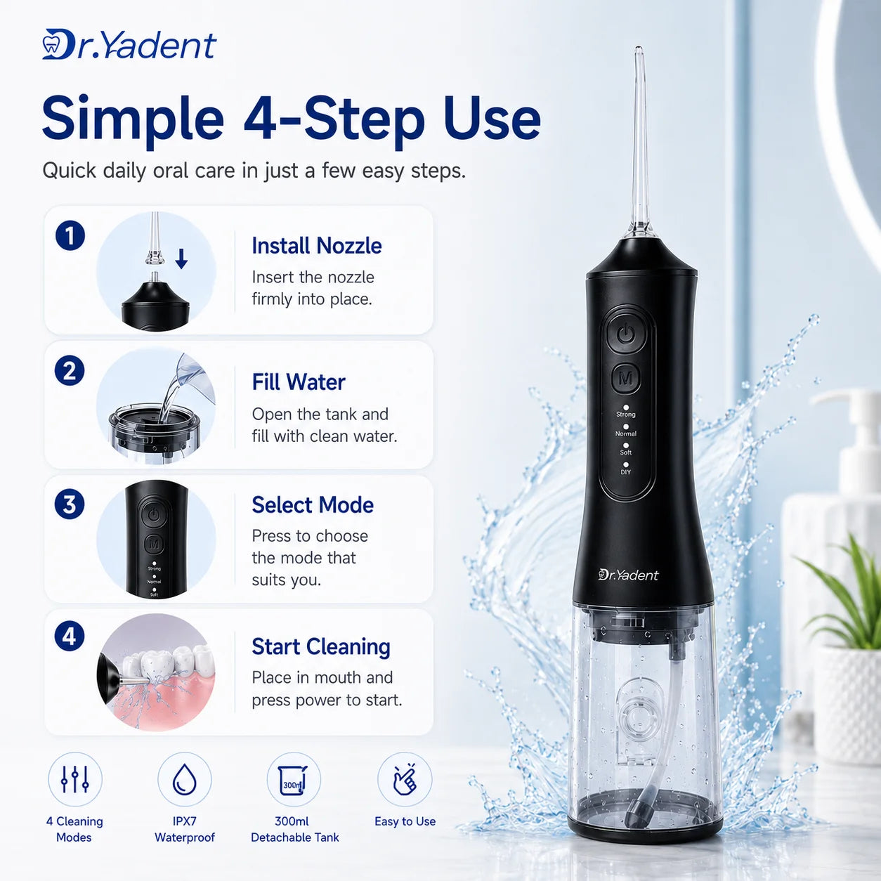 Dr.Yadent YD06 Irrigador Bucal Inalámbrico con Hilo Dental de Agua 300ML Chorro de Agua Portátil Carga Rápida USB-C 7 Boquillas 4 Modos IPX7 Impermeable