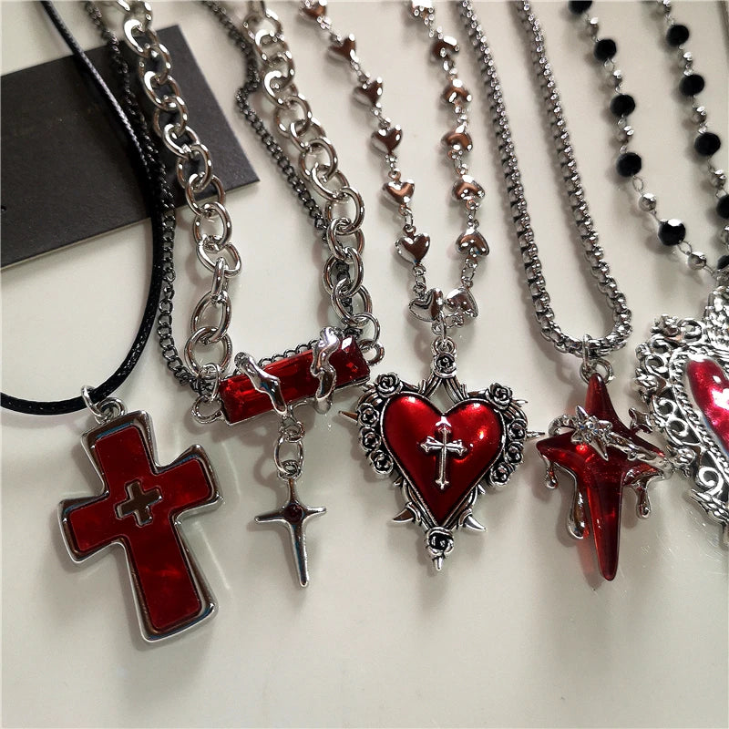 Gothic Red Cross Star Heart Pendent Necklace For Women'S Men Hip Hop Street Vintage Y2K Grunge Punk Y2K Aesthetic Jewelry Gifts
