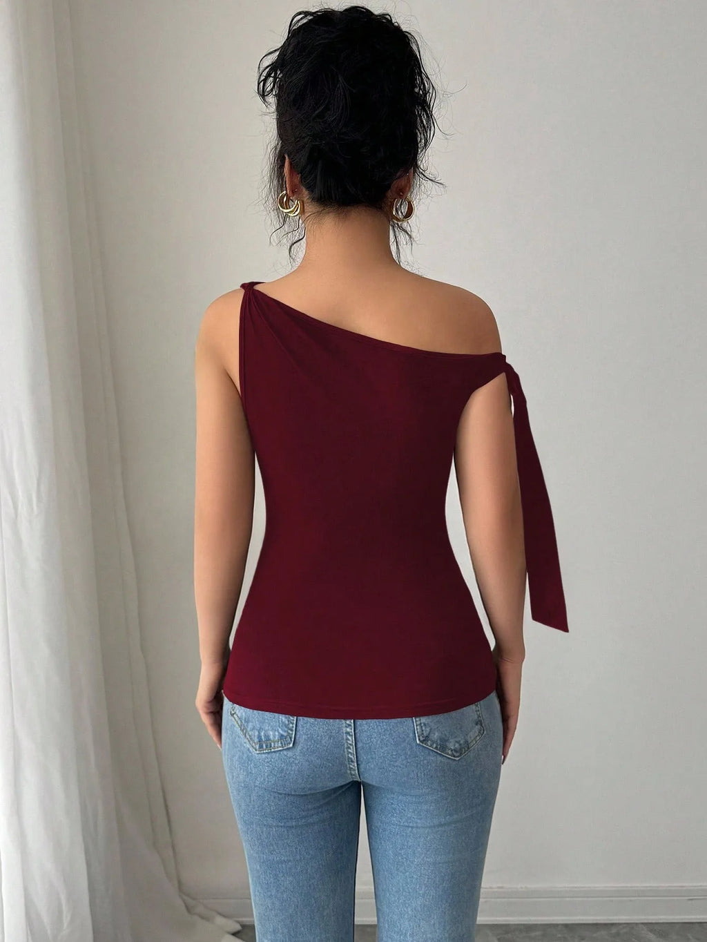 New Women's Elegant Commuter Solid Color Slash Shoulder Kink Lace-Up Slim T-Shirt