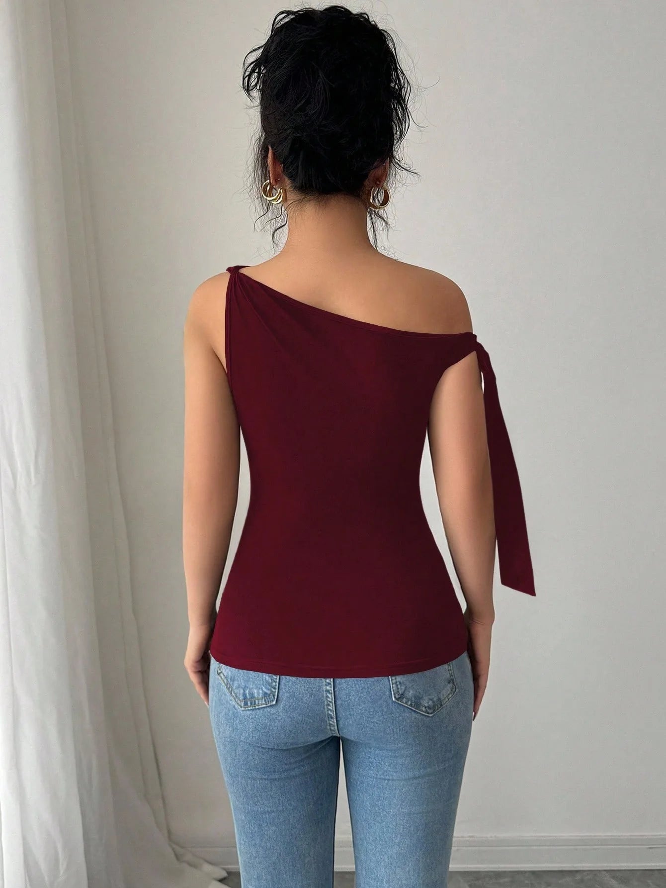 New Women's Elegant Commuter Solid Color Slash Shoulder Kink Lace-Up Slim T-Shirt