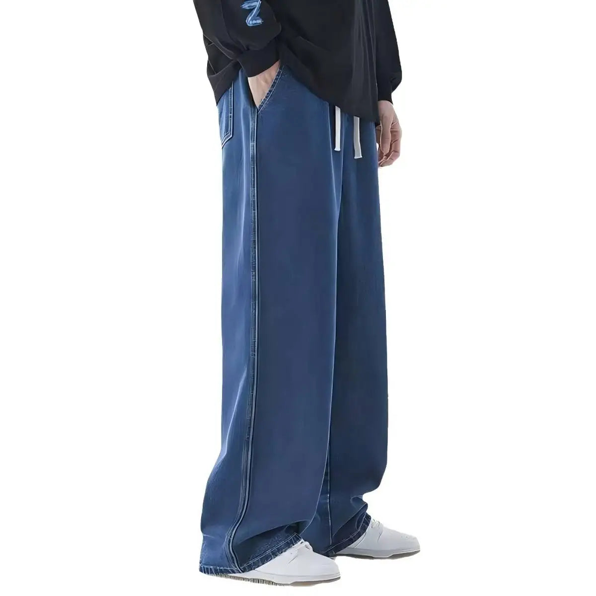 Korean Solid Colors Men'S Casual Long Jeans Classic Man Four Seasons Straight Denim Wide-Leg Pants Light Blue Grey Black S-3Xl