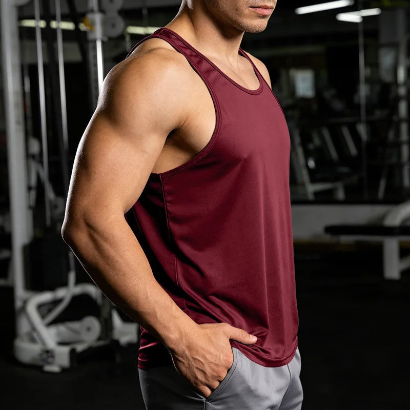 Men's Gym Sports Tank Top Muscle Aesthetic Dry Fast Workwear Polyester Fiber Summer Sport Fit Style Solid Color round Neck