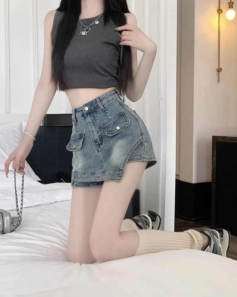 Retro Spicy Girl Uneven Denim Mini Skirt High Waist Slim Fit Women's Summer New Style Short Skirt Bodycon Skirt New Style