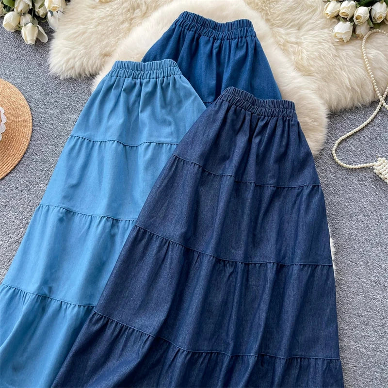 Karofi Women Cotton Tiered Denim Midi Skirt Elastic Waist Ruffle Layer A Line Flowy Long Casual Vintage Daily Beach Jean Skirt