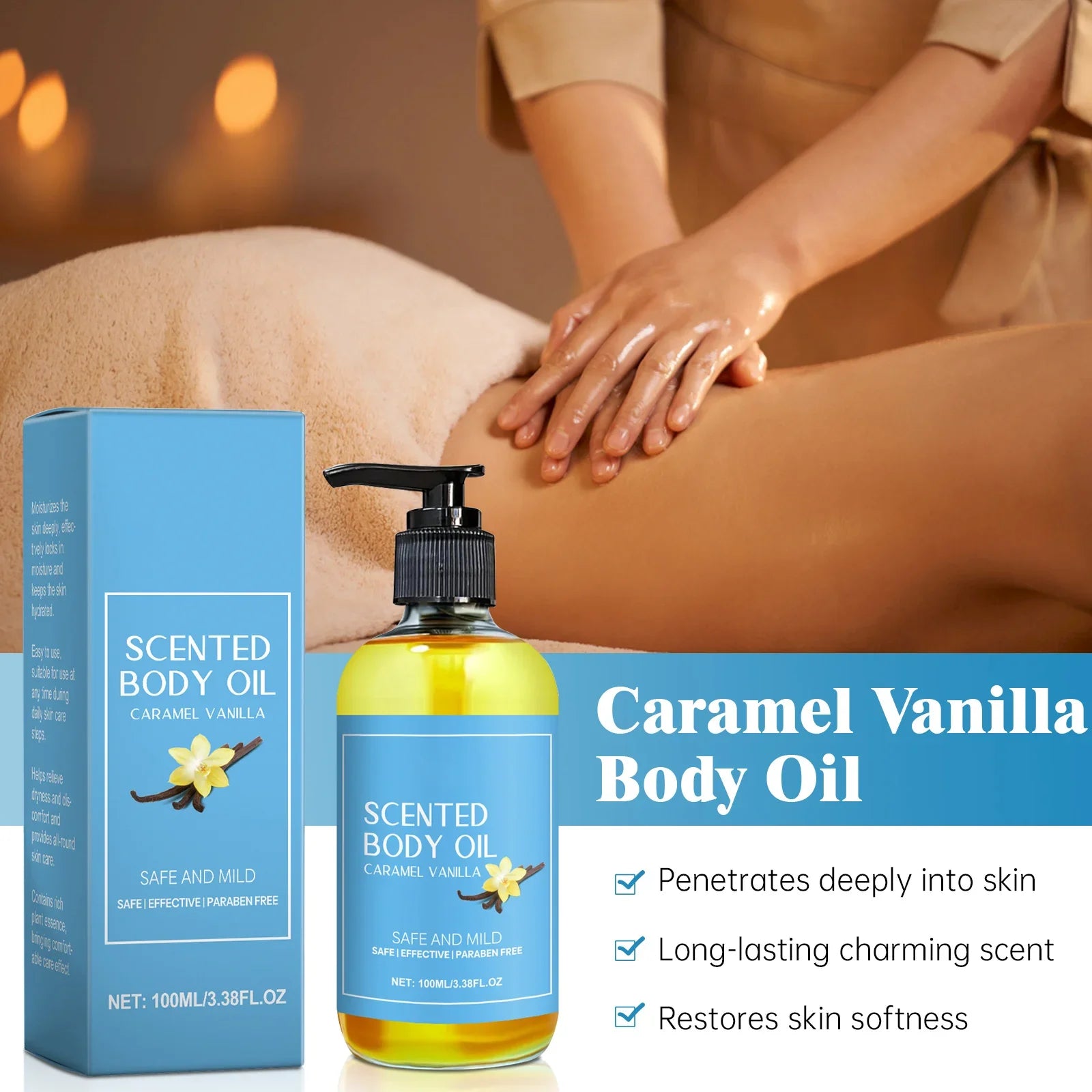 Stress Relief Body Oil with Vanilla - Deeply Moisturizes & Soothes Muscles, Herbal Formula for Relaxing Bath & Massage.