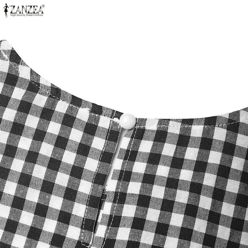 ZANZEA Women's Vintage Gingham Short Sleeves Dresses O-Neck Knee-Length Dress 2026 Summer Daily Casual Commute Robes Femme