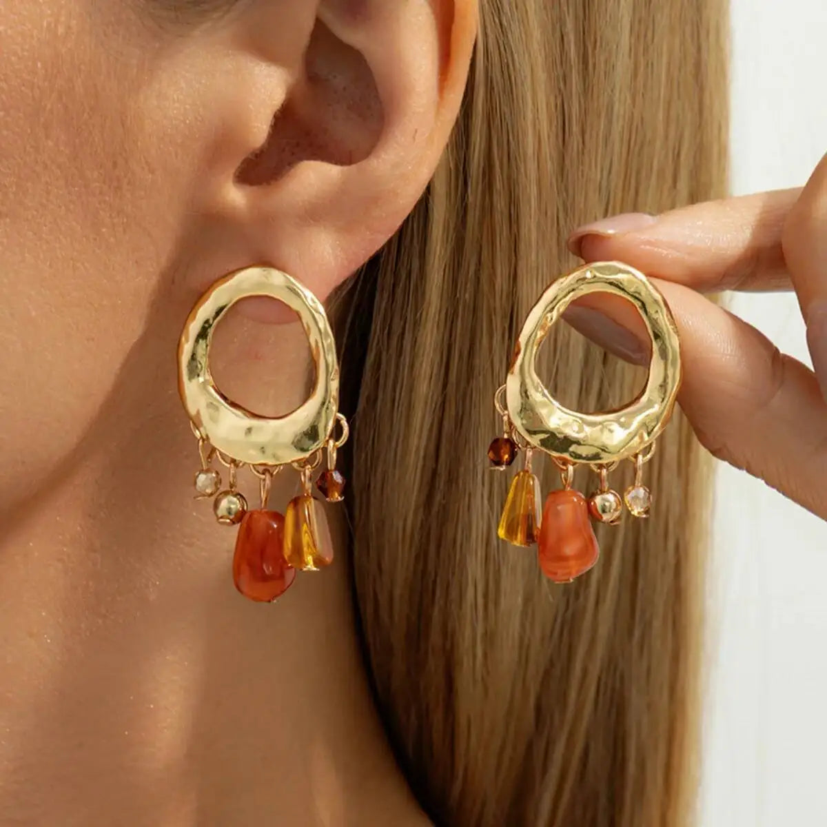 Shixin Vintage Acrylic Beads Tassel Stud Earrings For Women'S Creative Gold Color Hollow Geometry Earrings Fashion Jewelry