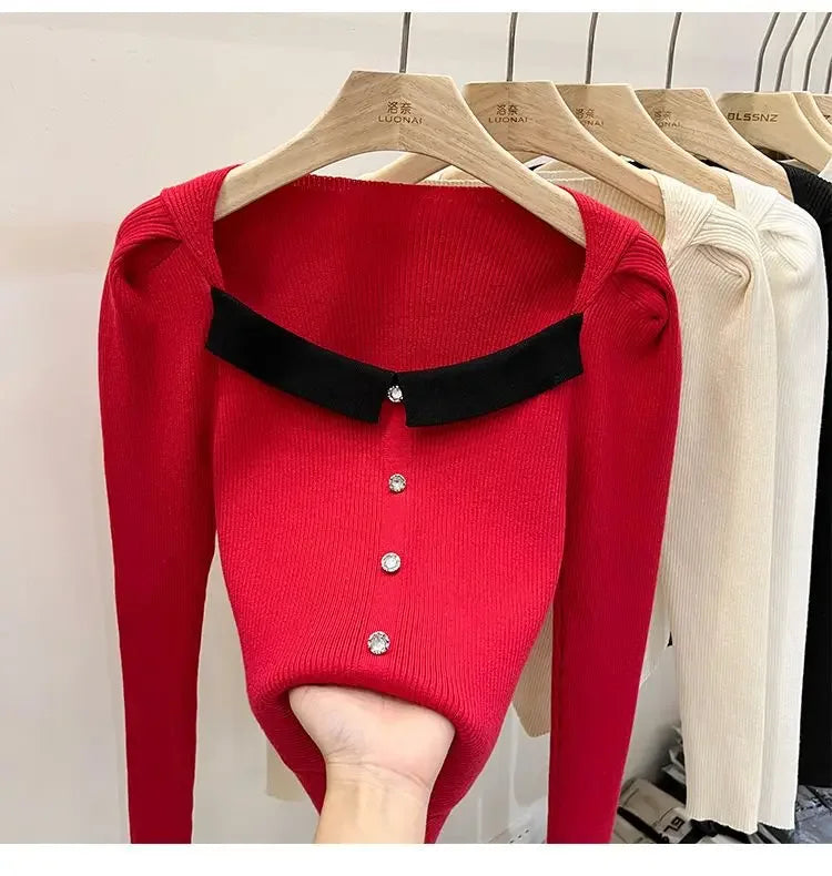 Women's Knitted Short Sweater Square Collar Base Shirt Color Collision Design Sensation Autumn Winter Special Edition Top