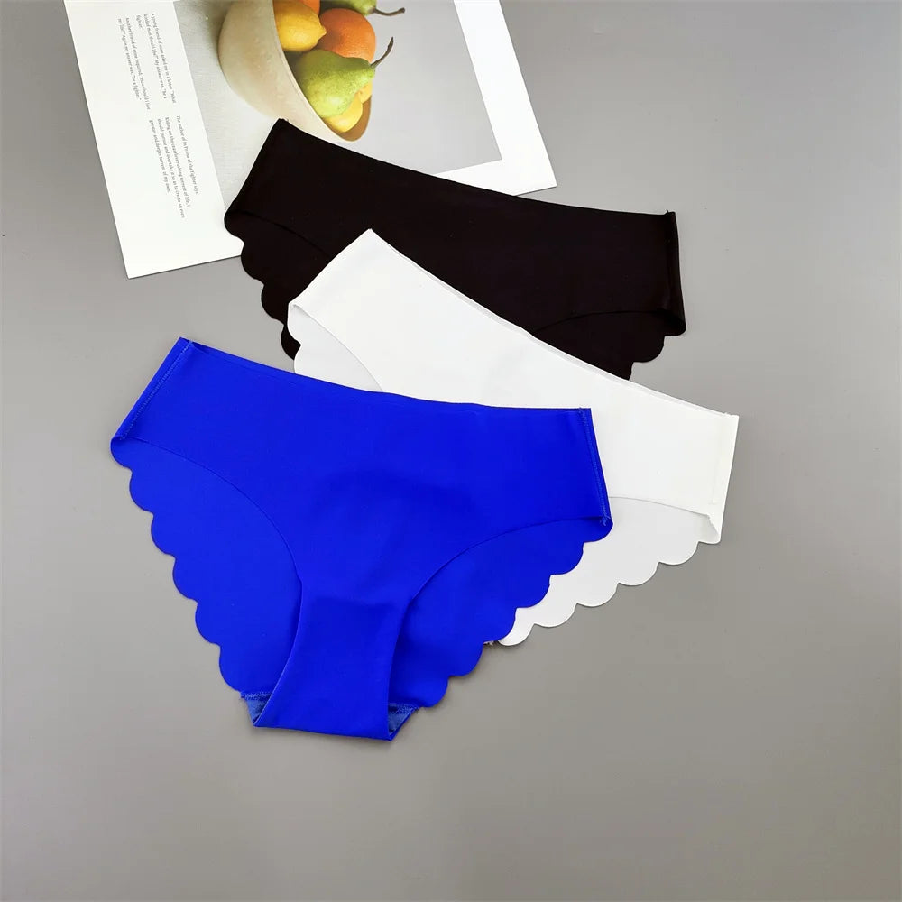 3Pcs/set Ruffle Cut Ice Silk Seamless Underwear Women Plus Size Thin Panties Drop Waist Hip Lift Briefs Female Underpants