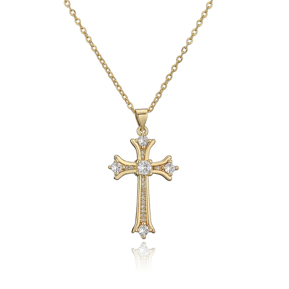 Newbuy Gold Color Jesus Cross Pendant Stainless Steel Chain Necklace For Women'S Men Classic Design Christain Jewelry