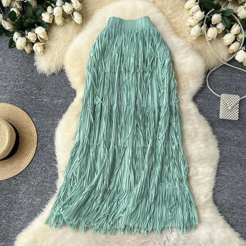 New In 2026 Spring Summer Tassel Midi Long Skirt For Women Trendy High Waist Streetwear Casual Skirts