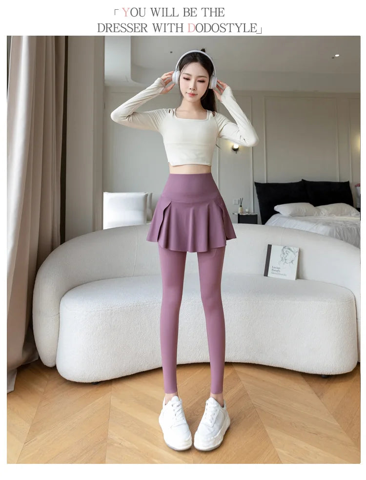 Women Fake Two Pieces Leggings Seamless Fitness Leggings High Waist with Pocket Elastic Slim Fashion Hip Liftting Yoga Pants