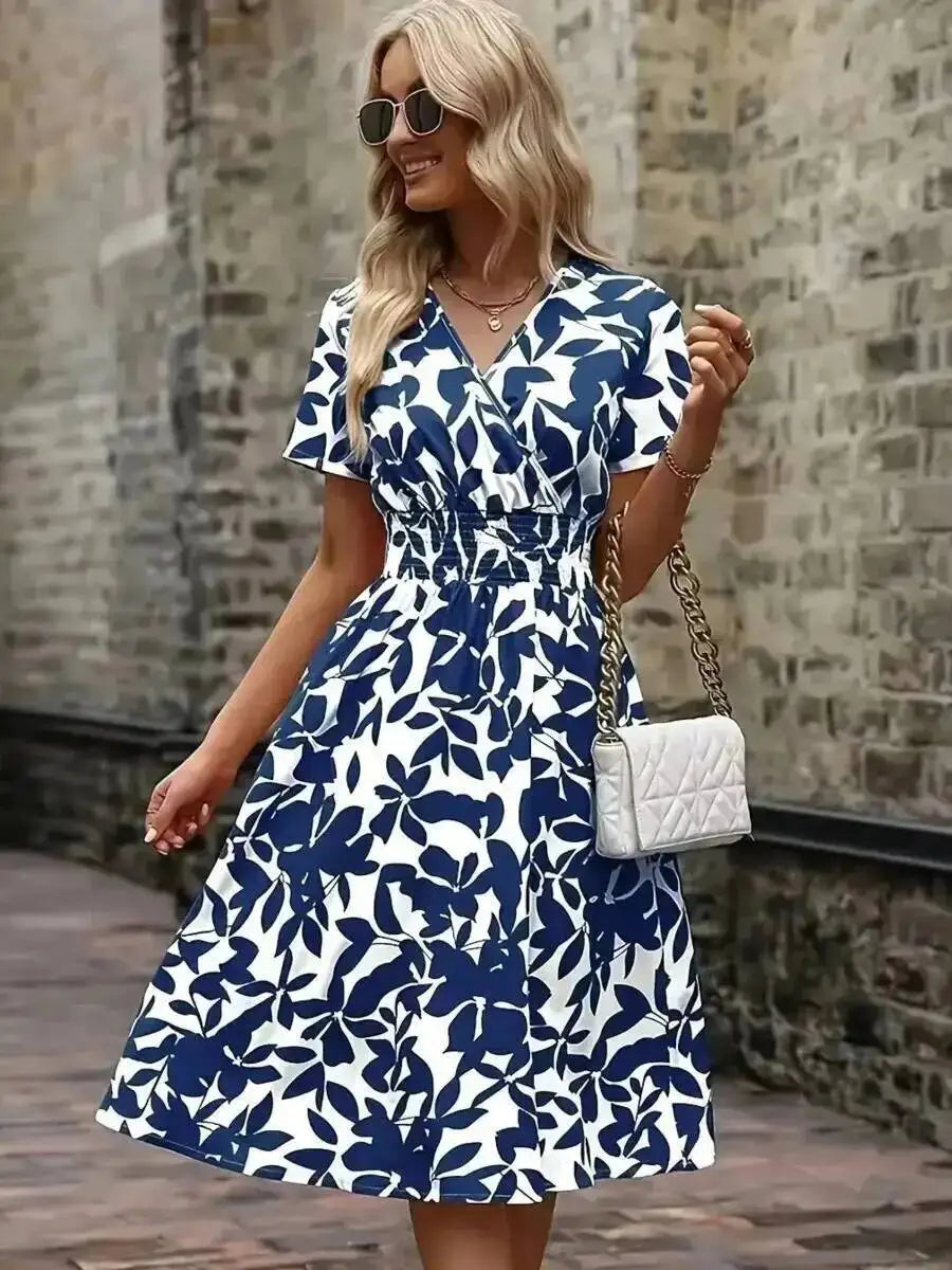 2026 European American New Spring Summer Short-Sleeved V Neck Leaf Floral Large Hem Skirt Waist Dress Dresses Tops 2KD7