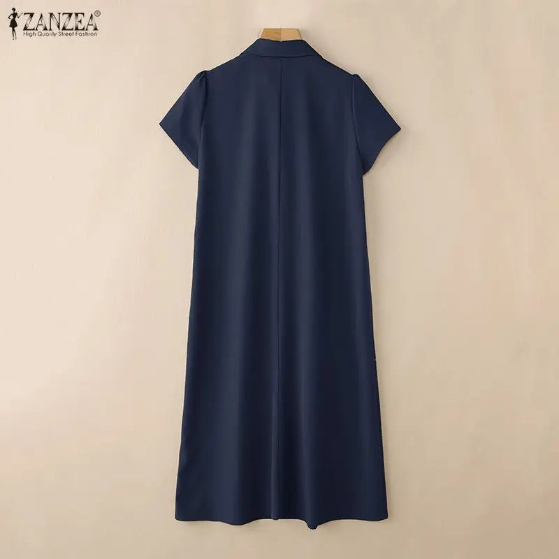 Women Casual Midi Shirt Dress Turn-Down Collar Half Button Short Sleeve Solid Color Dresses ZANZEA Summer Commute Wear Vestidos