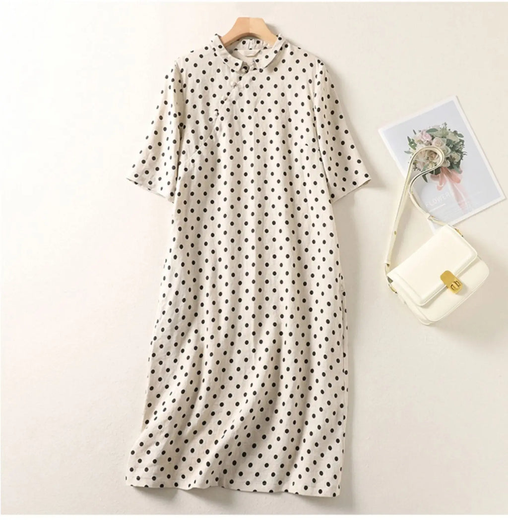 Summer Vintage Polka Dot Cotton Lin Short Sleeve Women's Dress Loose Slimming Gown Side Buttoned Midi Skirt A-Line Dress